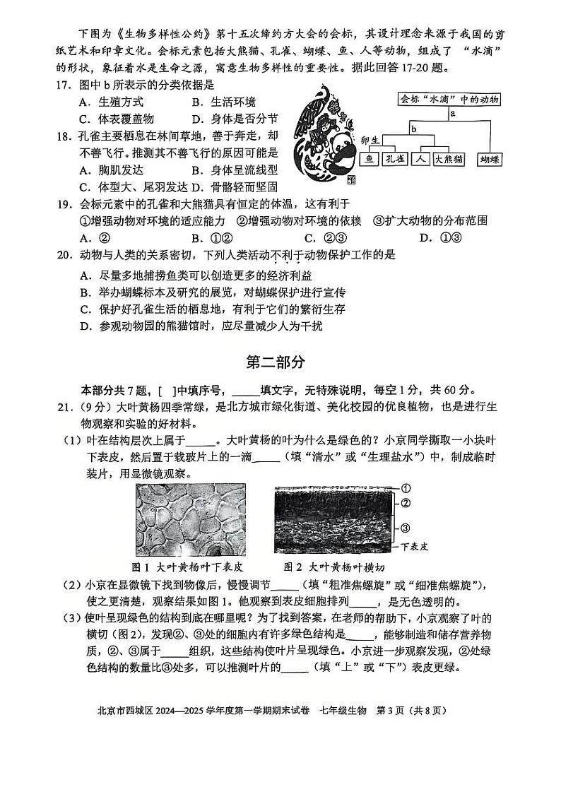 2025北京西城初一（上）期末生物试卷第3页
