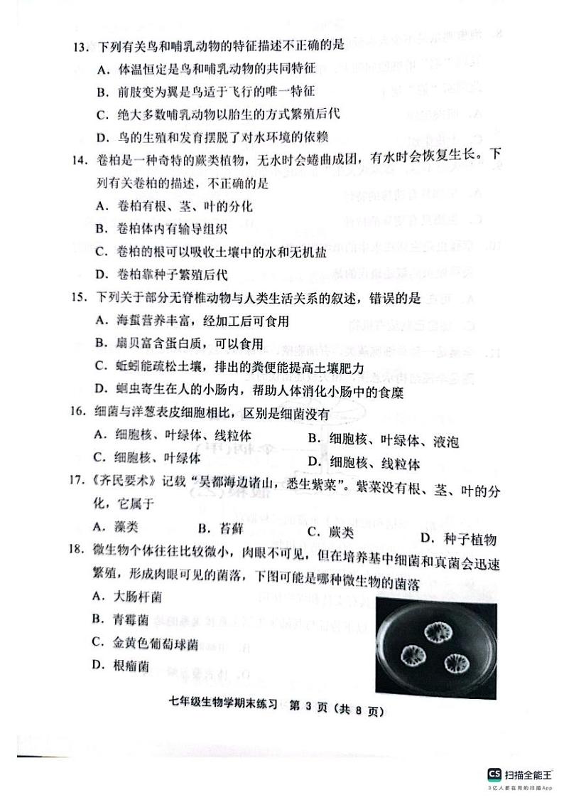 天津市部分区2024—2025学年七年级上学期1月期末生物试题第3页