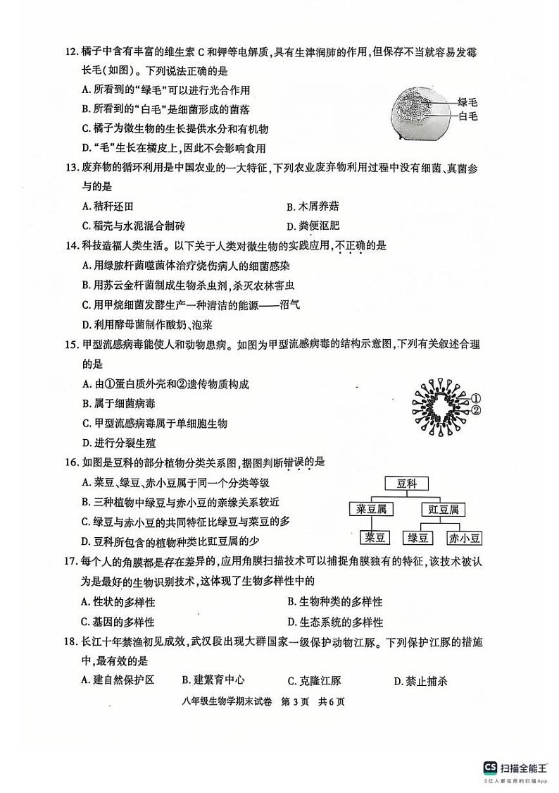 陕西省西安市长安区2024-2025学年八年级上学期生物期末试卷第3页