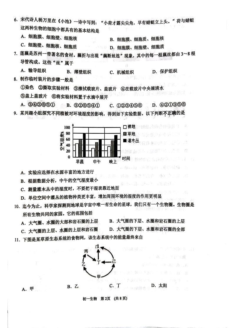 江苏省苏州市吴江区2024-2025学年七年级上学期1月期末生物试题第2页