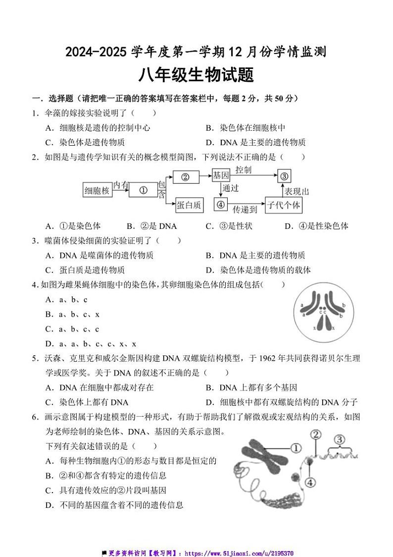 2024～2025学年山东省济宁市金乡县八年级上12月月考生物试卷(含答案)第1页