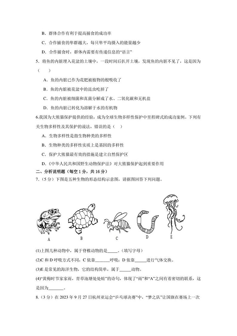 2024～2025学年四川省泸州市合江县八年级上期末模拟考试生物试卷(含答案)第2页