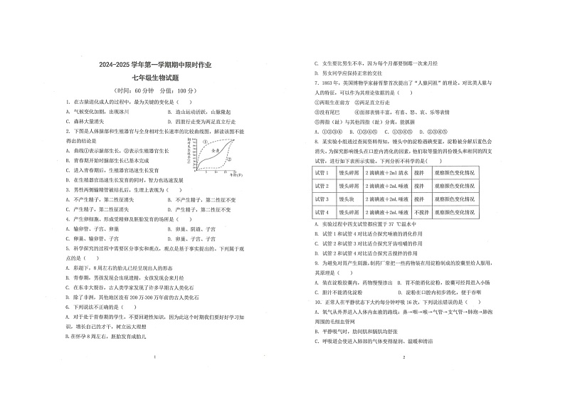 山东省东营市广饶县乐安中学2024-2025学年七年级11月期中-生物第1页
