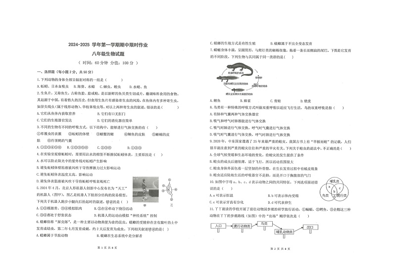 山东省东营市广饶县乐安中学2024-2025学年八年级11月期中-生物第1页