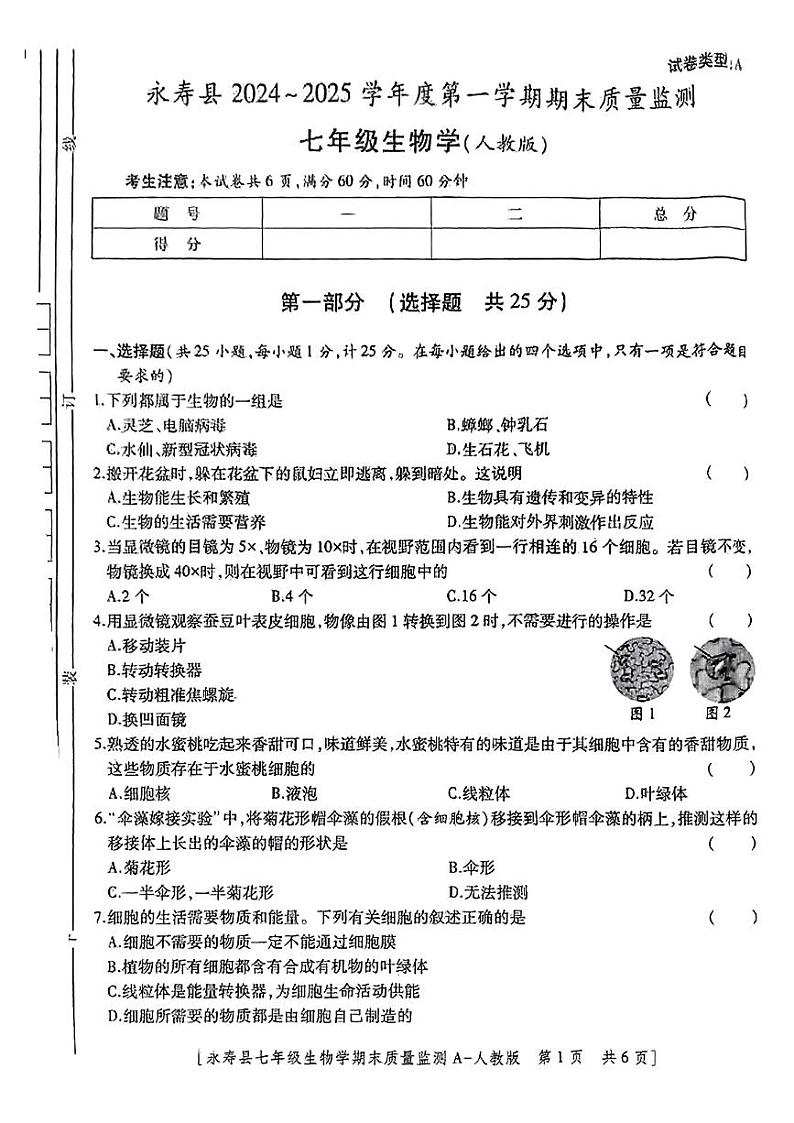 陕西省咸阳市永寿县2024-2025学年七年级上学期期末检测生物学试题第1页