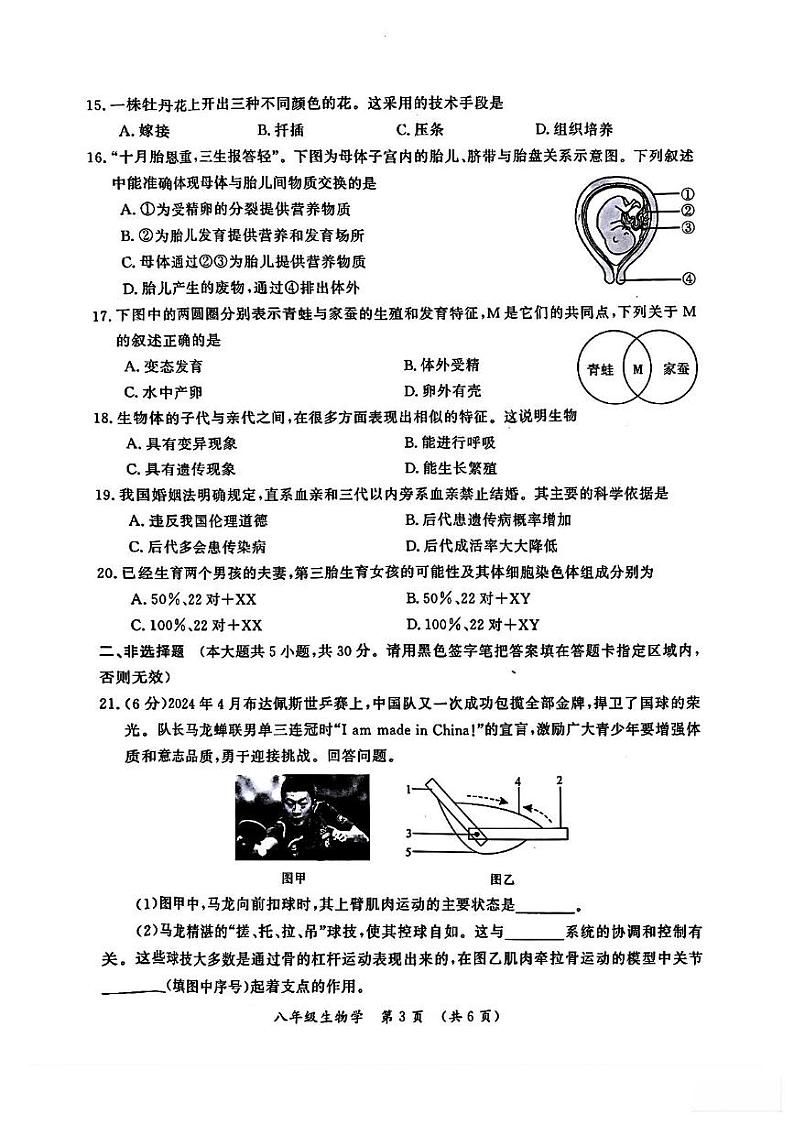 河南省开封市2024-2025学年八年级上学期期末调研检测生物试卷第3页