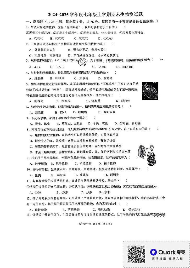 黑龙江省哈尔滨市巴彦县2024-2025学年七年级上学期1月期末生物试题第1页