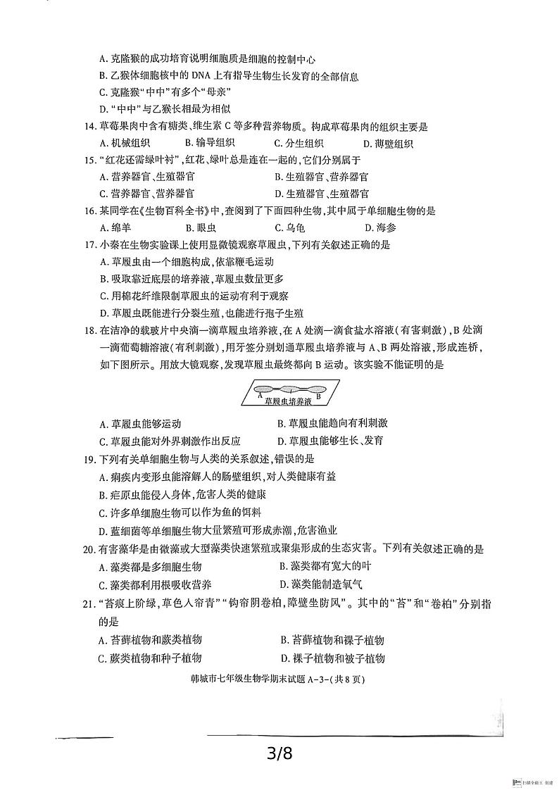 陕西省渭南市韩城市2024-2025学年七年级上学期期末考试生物试题含答案第3页