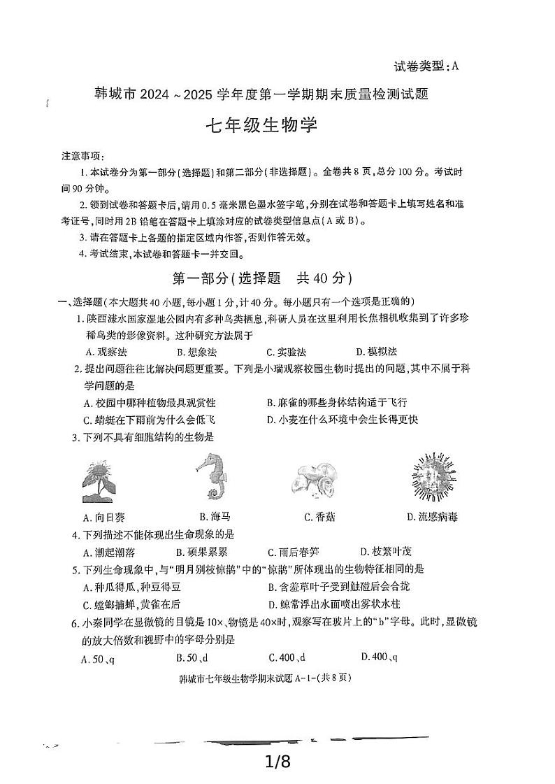 陕西省渭南市韩城市2024-2025学年七年级上学期期末考试生物试题第1页