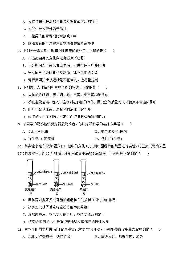云南省保山市腾冲市实验学校2023-2024学年七年级下学期4月期中考试生物试卷第2页