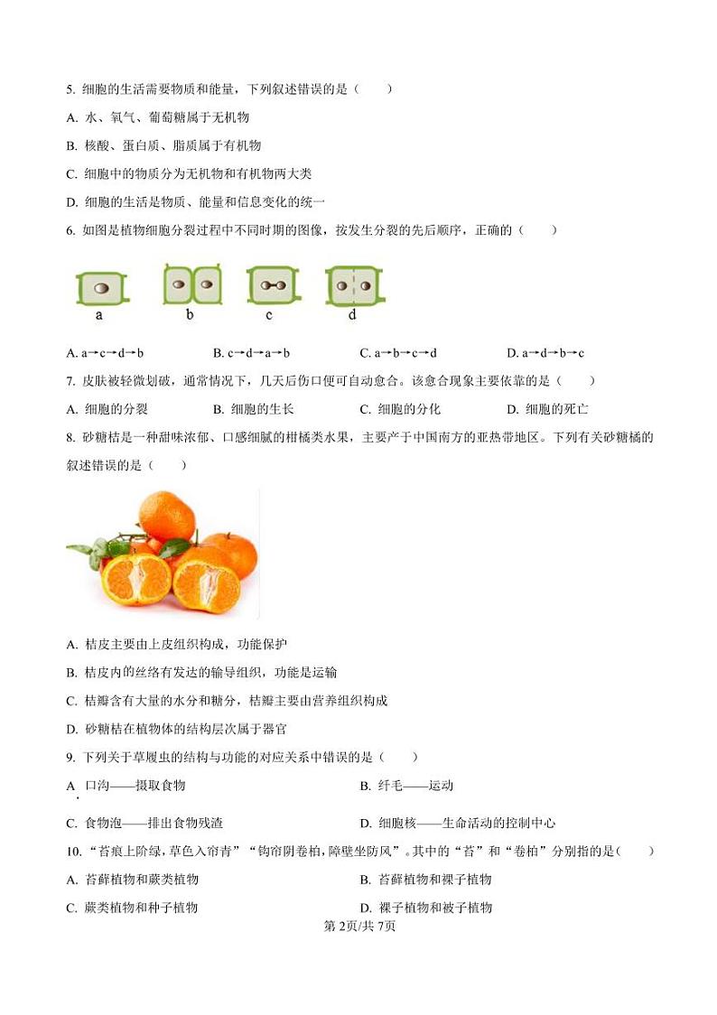 2024-2025南阳市名校联考七上期末生物试卷及答案第2页
