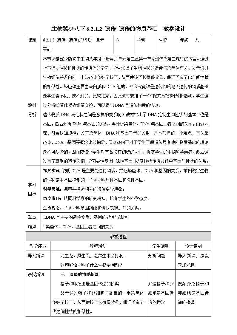 冀少版生物八下6.2.1.2 遗传《遗传的物质基础》教案第1页