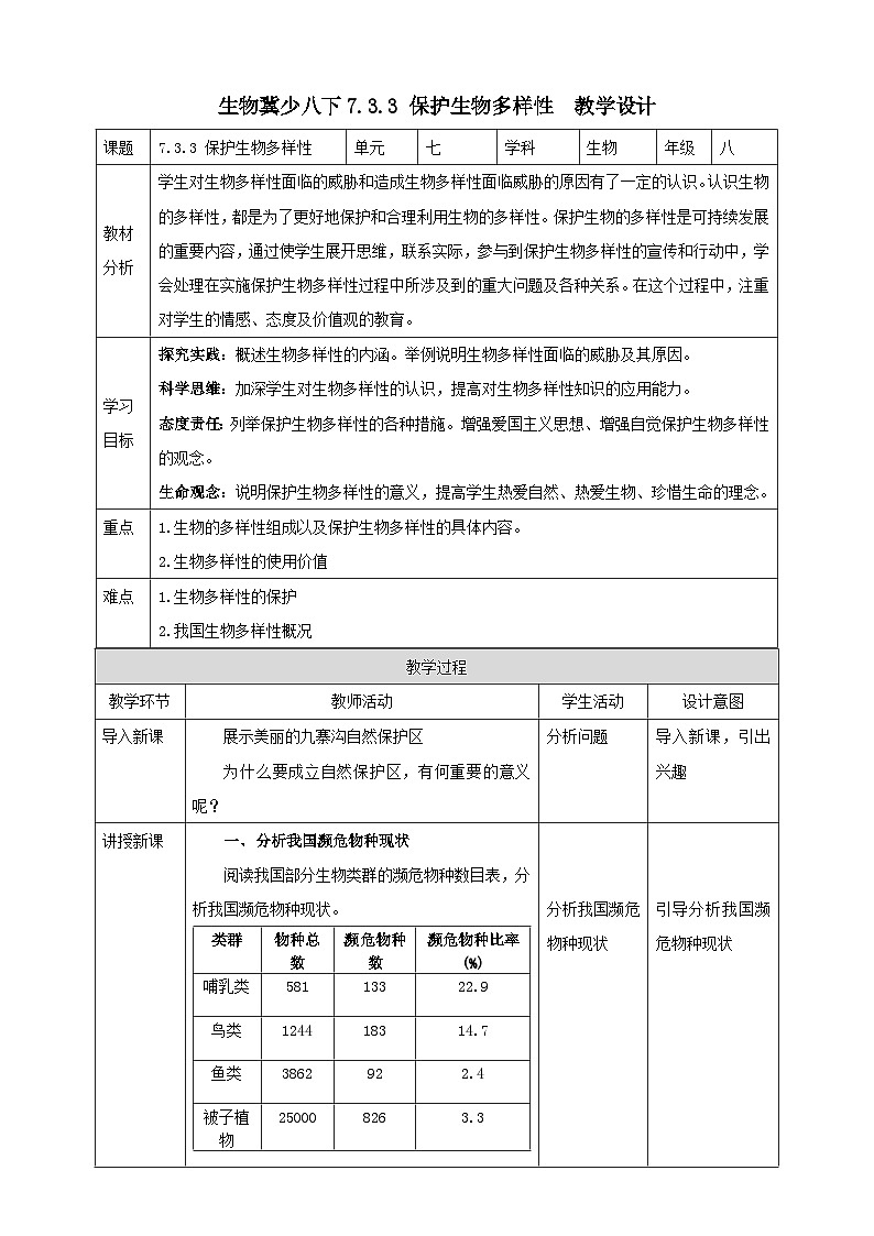 冀少版生物八下7.3.3《保护生物多样性》教案第1页