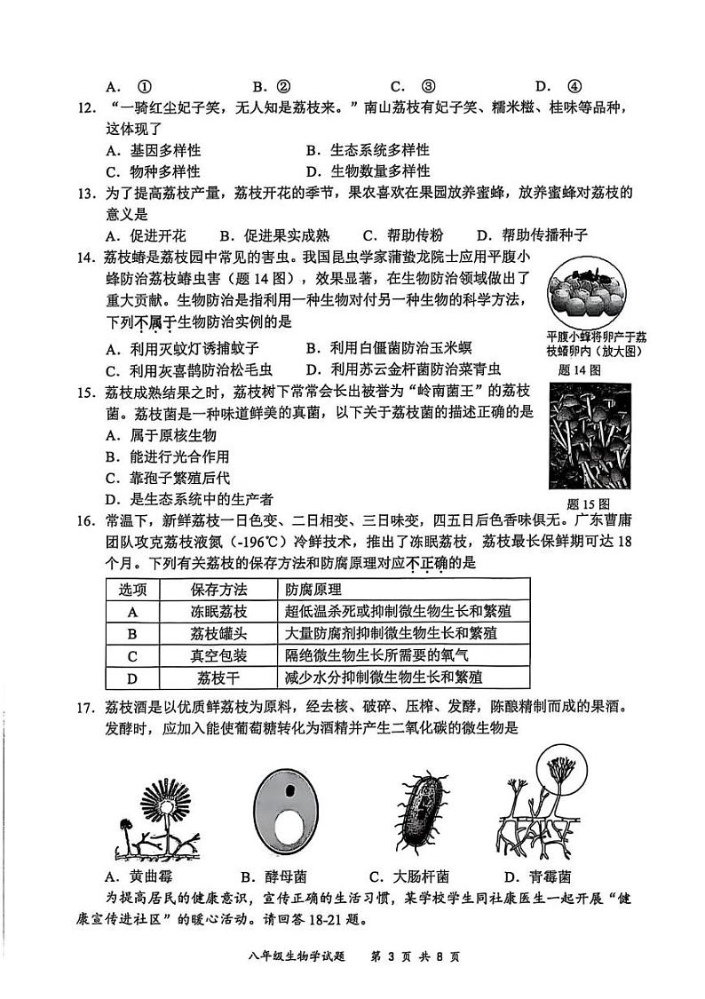 广东省深圳市龙岗区2024-2025学八年级上学期期末生物测试题第3页