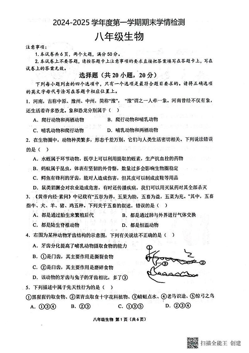 河南省周口市商水县2024-2025学年八年级上学期1月期末生物试题第1页