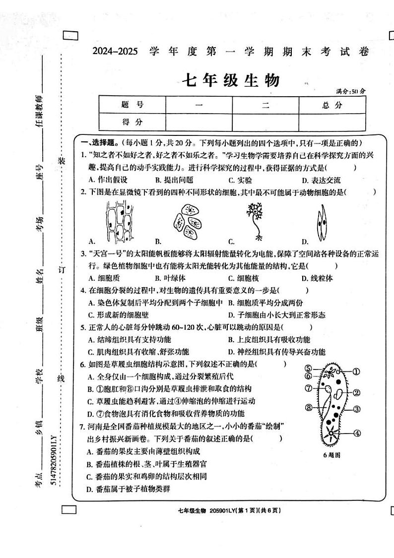 河南省周口市鹿邑县2024-2025学年七年级上学期1月期末生物试题第1页