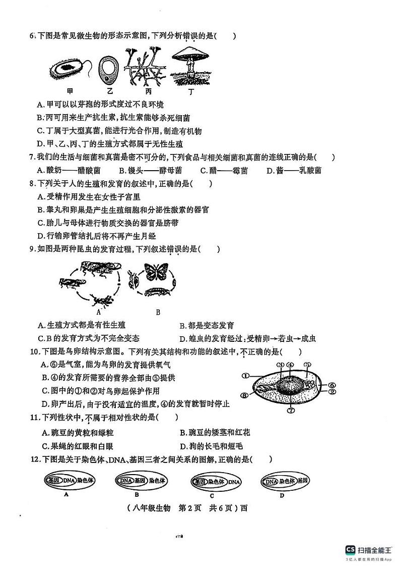 河南省驻马店市西平县 2024-2025学年八年级上学期1月期末考试生物试卷第2页