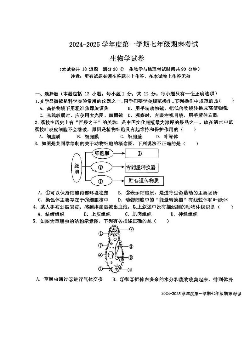 辽宁省沈阳市法库县2024-2025学年七年级上学期期末考试生物试题(1)第1页