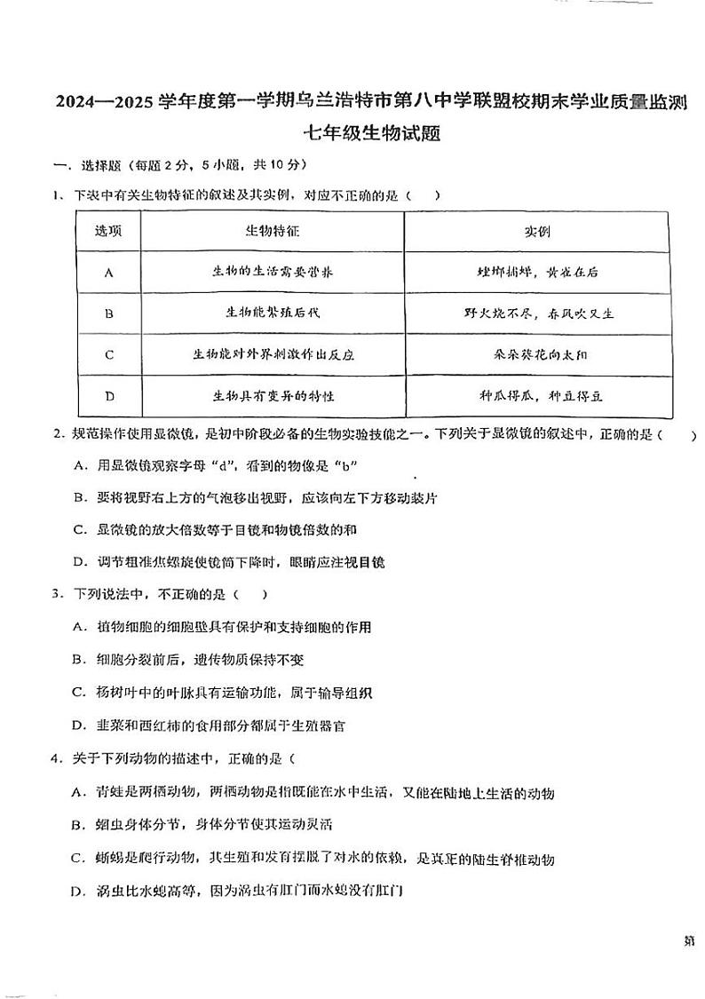 内蒙古兴安盟乌兰浩特市第八中学联盟校2024-2025学年七年级上学期期末考试生物试题第1页