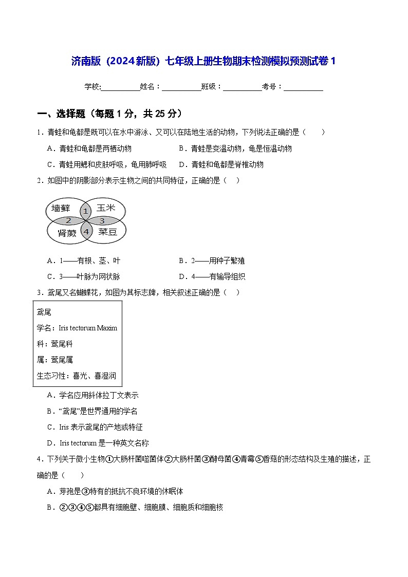 济南版（2024新版）七年级上册生物期末检测模拟预测试卷 3套（含答案）第1页