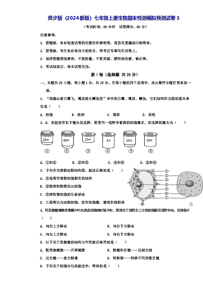 冀少版（2024新版）七年级上册生物期末检测模拟预测试卷3（含答案）第1页