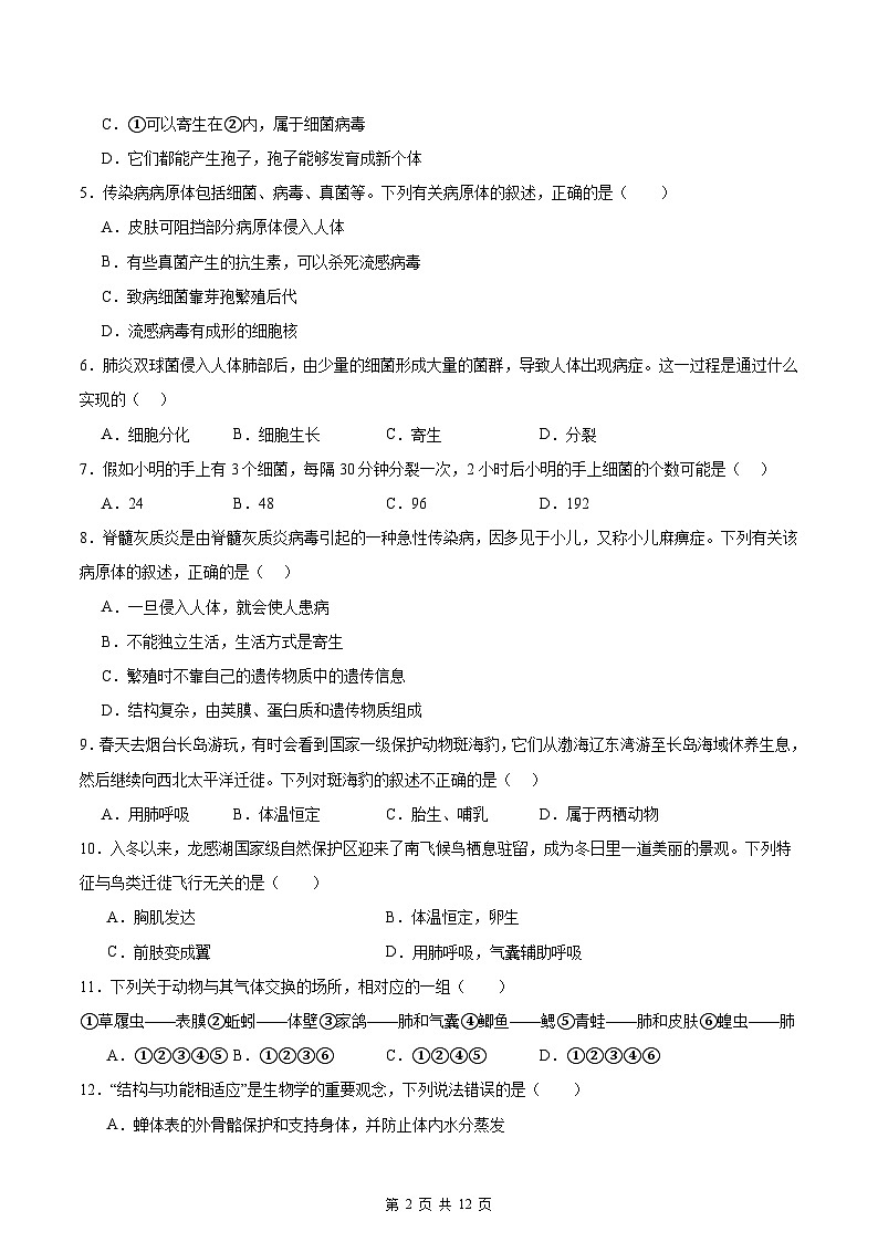 济南版（2024新版）七年级上册生物期末检测模拟预测试卷1（含答案）第2页