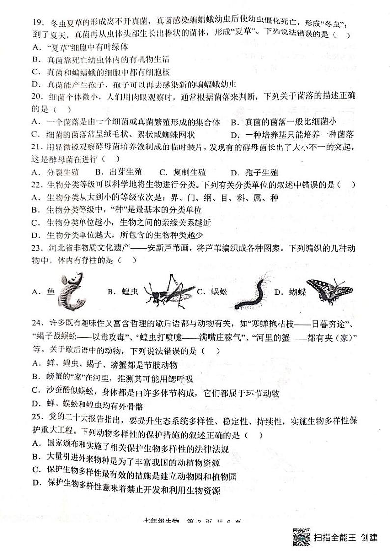 河北省唐山市迁安市2024-2025学年七年级上学期1月期末生物试题 河北省唐山市迁安市2024-2025学年七年级上学期1月期末生物试题第3页