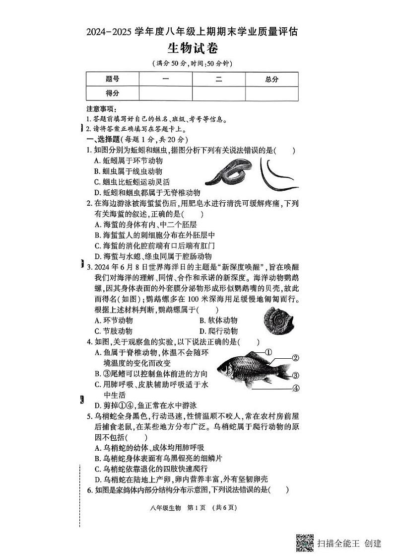河南省漯河市召陵区2024-2025学年八年级上学期1月期末生物试题第1页