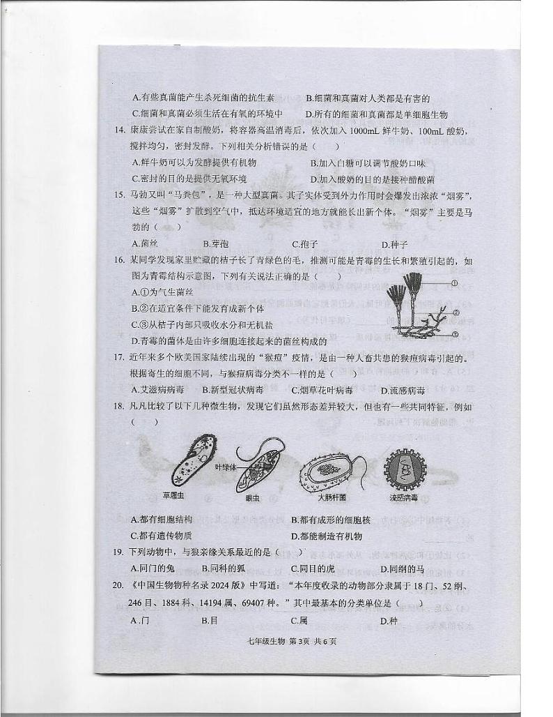 河南省驻马店上蔡县2024-2025学年七年级上学期期末素质测试生物试卷第3页