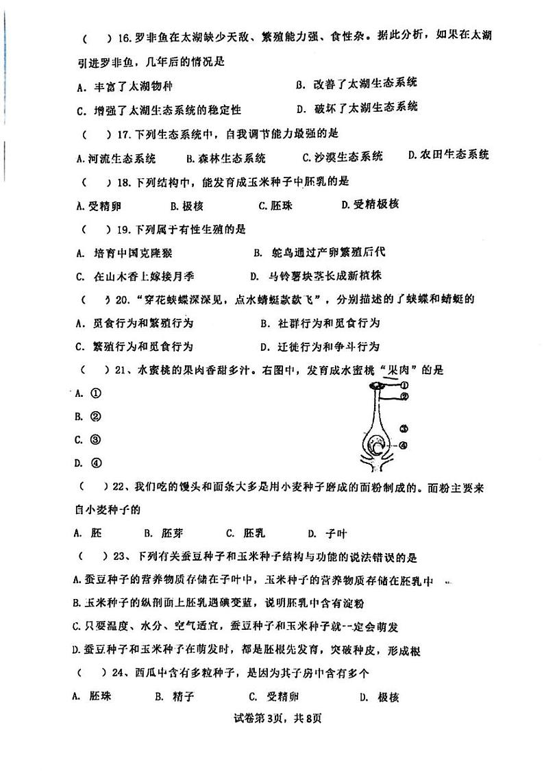 江苏省江阴市第一初级中学2024-2025学年八年级上学期生物期末测试试题第3页