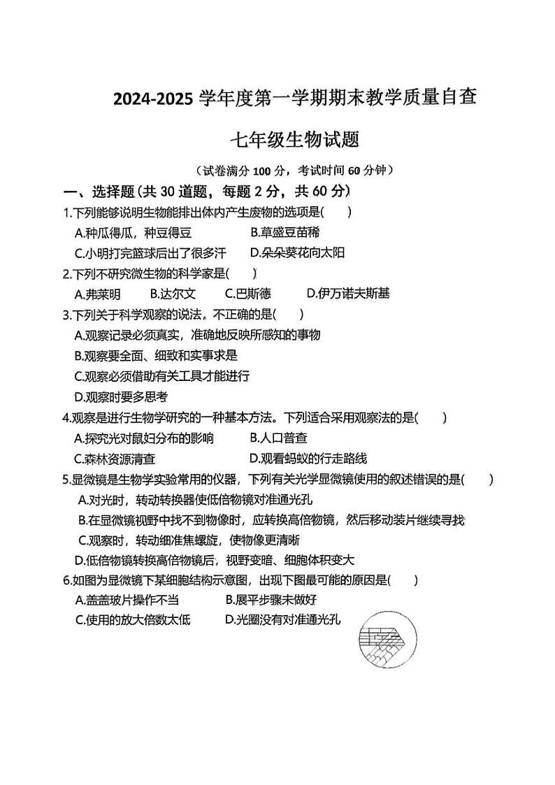 广东省东莞市松山湖莞美学校2024-2025学年七年级上学期期末教学质量检测生物试题第1页