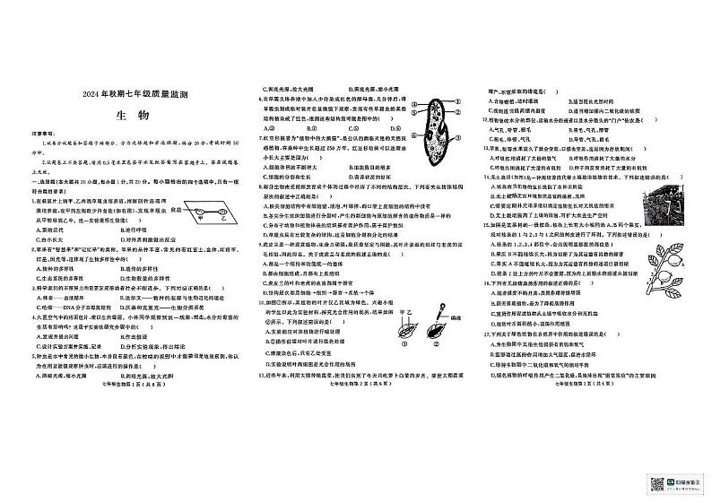 河南省驻马店市驿城区2024-2025学年七年级上学期1月期末生物试题第1页