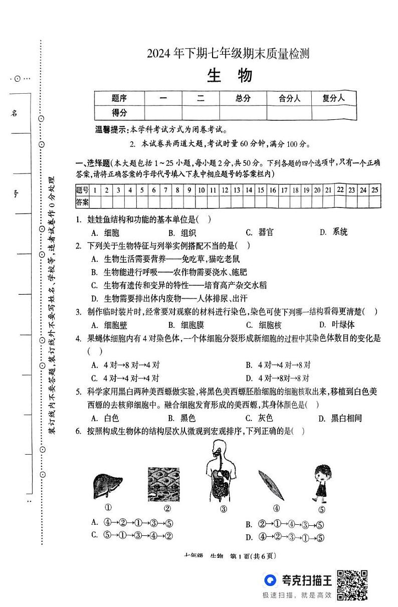 湖南省邵阳市新邵县2024-2025学年七年级上学期1月期末生物试题第1页