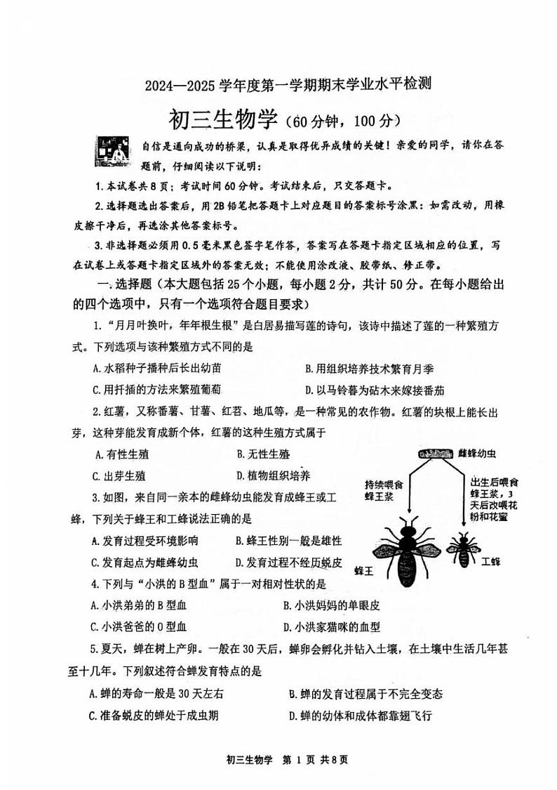 山东省莱阳市2024-2025学年八年级上学期期末考试生物试题第1页