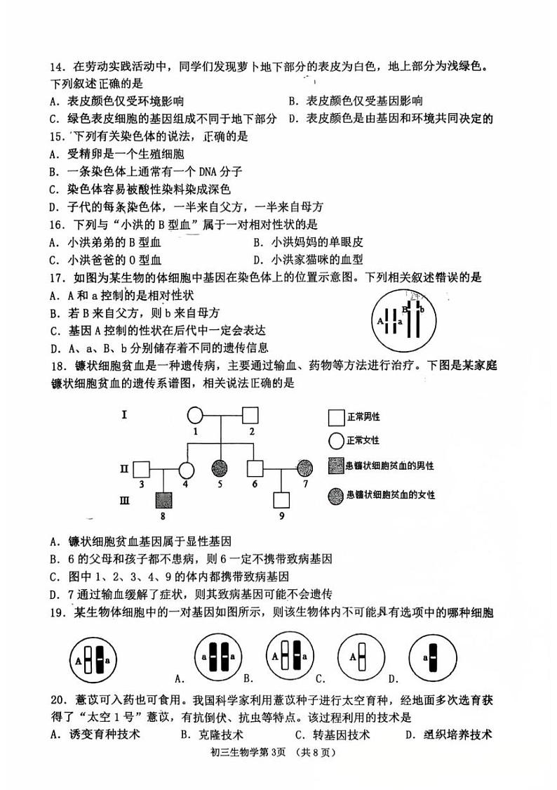 山东省淄博市临淄区2024-2025学年八年级上学期期末质量检测生物试题第3页