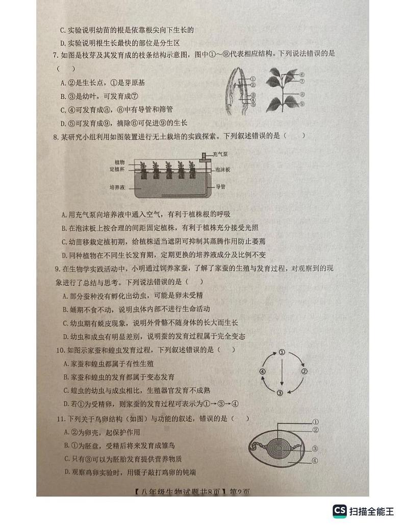 山东省德州市齐河县2024-2025学年8年级上学期期末测试生物试卷及答案 3第2页