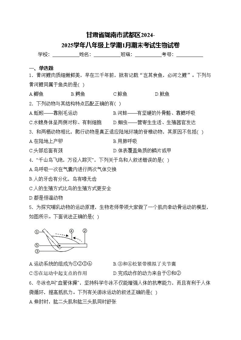 甘肃省陇南市武都区2024-2025学年八年级上学期1月期末考试生物试卷(含答案)第1页