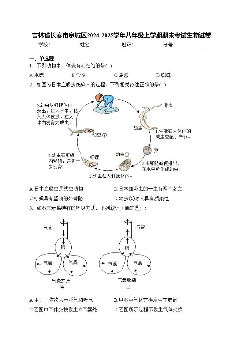 吉林省长春市宽城区2024-2025学年八年级上学期期末考试生物试卷(含答案)第1页