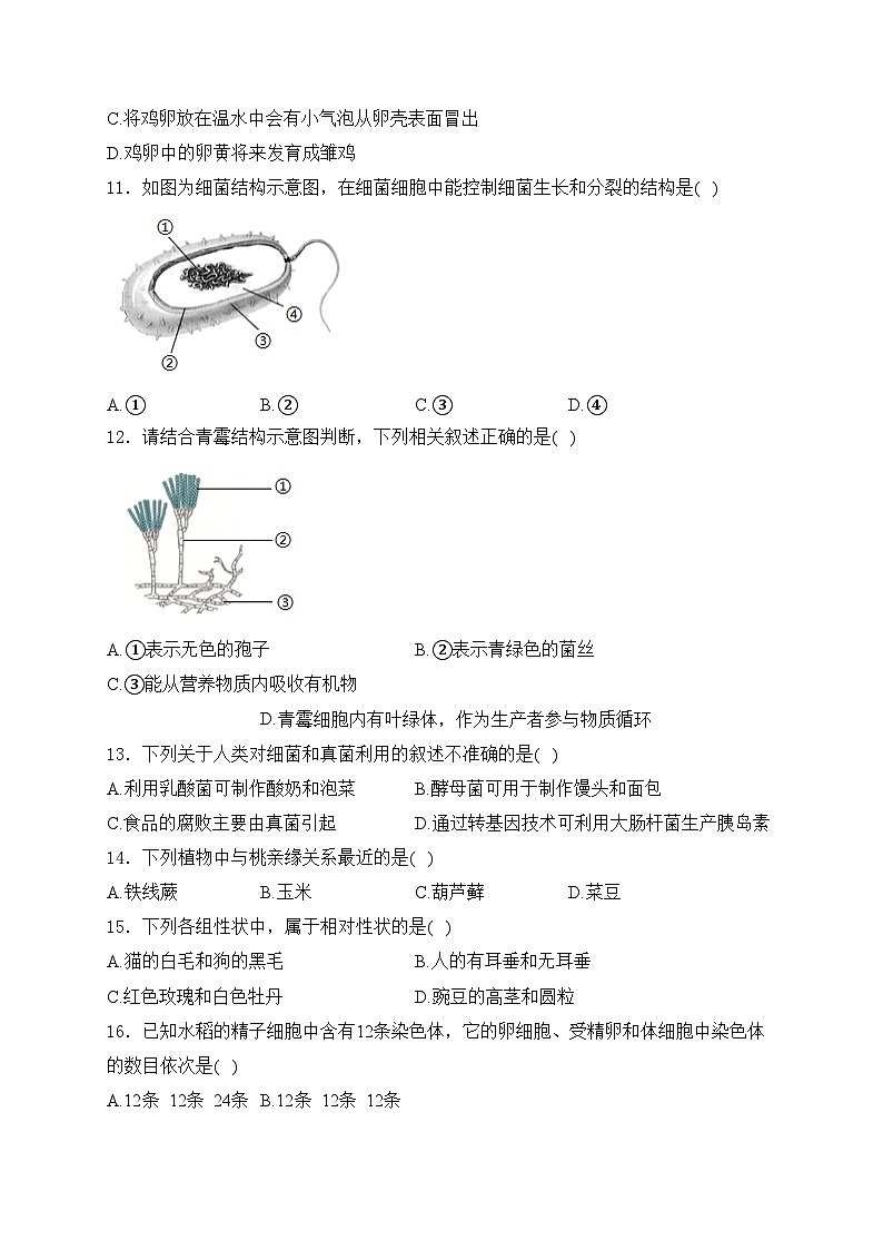 吉林省长春市宽城区2024-2025学年八年级上学期期末考试生物试卷(含答案)第3页