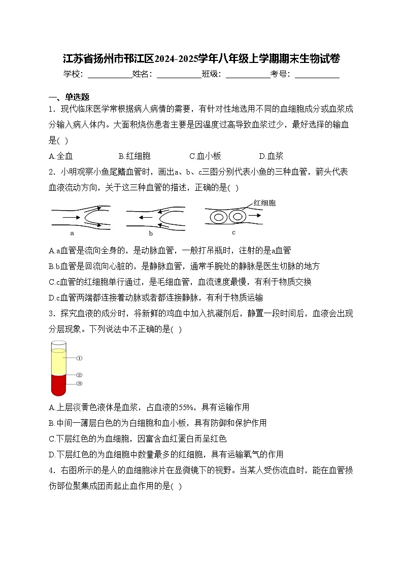 江苏省扬州市邗江区2024-2025学年八年级上学期期末生物试卷(含答案)第1页