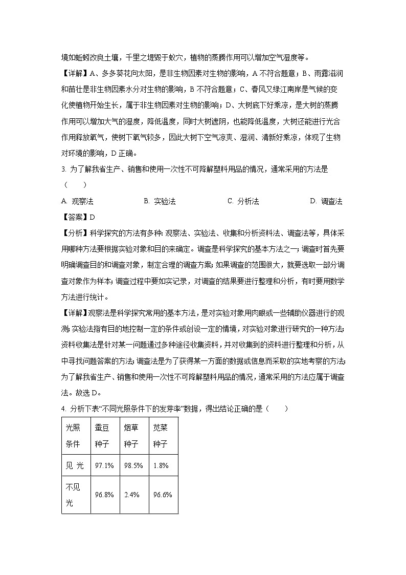 2023~2024学年吉林省白城市通榆县育才学校等校联考七年级上期末生物试卷（解析版）第2页