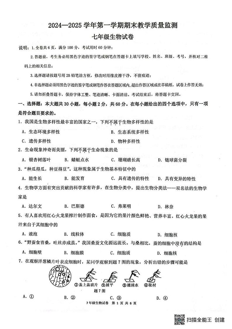 广东省惠州市惠东县2024-2025学年七年级上学期期末生物试题第1页