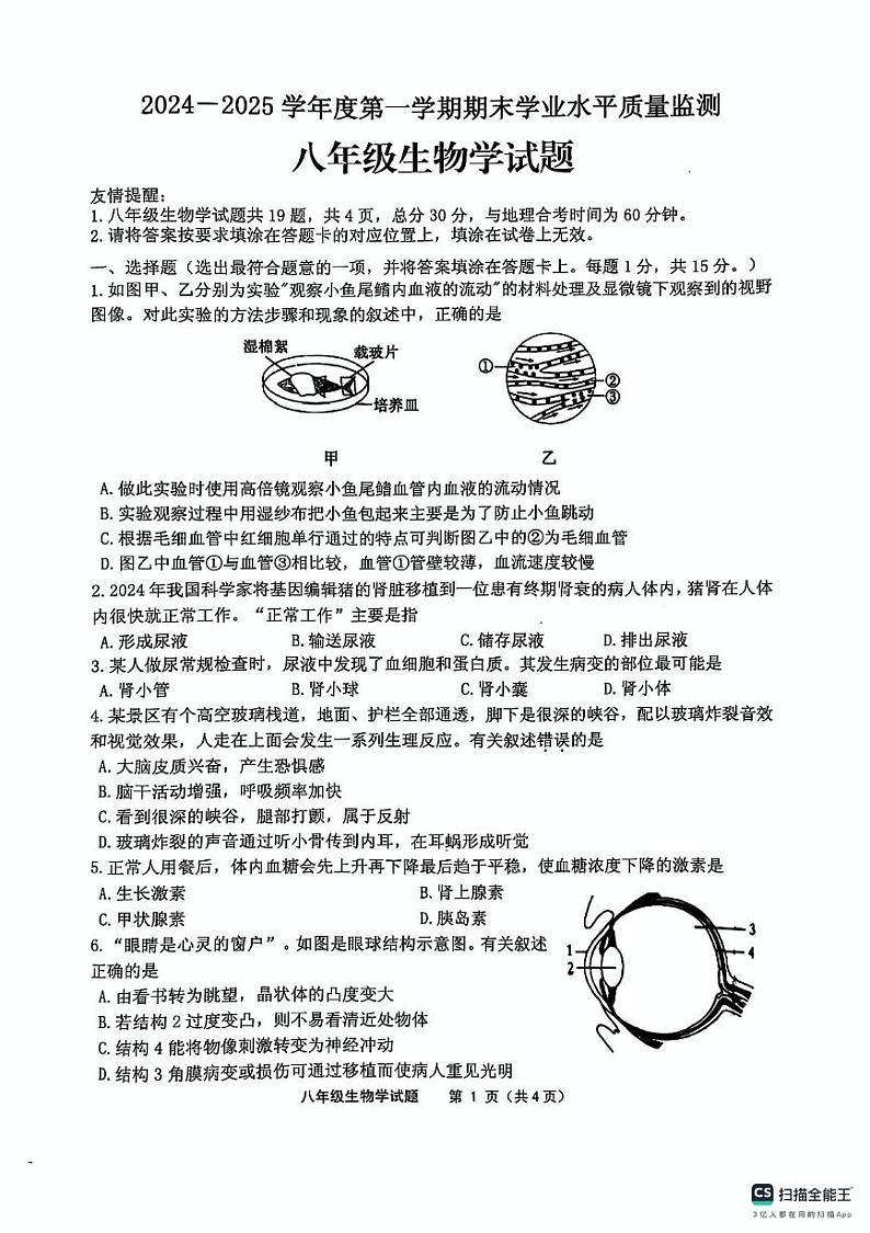 江苏省连云港市灌云县2024-2025学年八年级上学期1月期末生物试题第1页