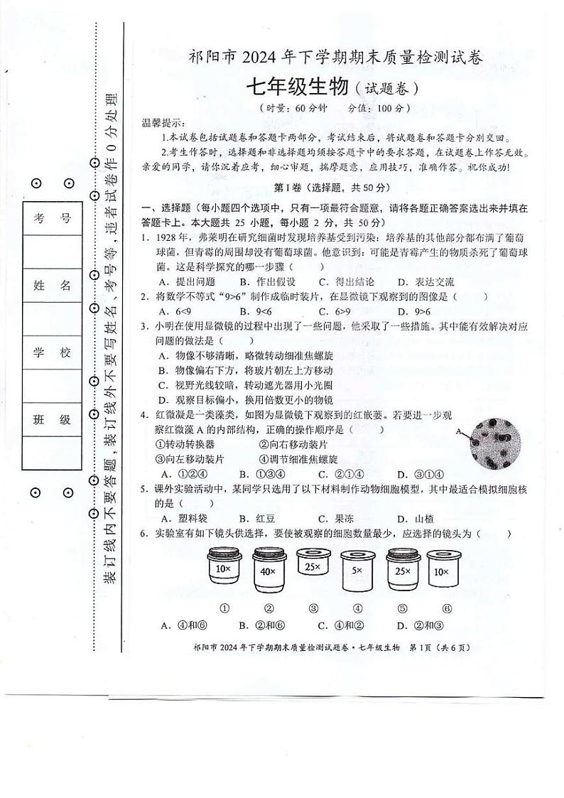 湖南省永州市祁阳市2024-2025学年七年级上学期期末质量检测生物试卷第1页