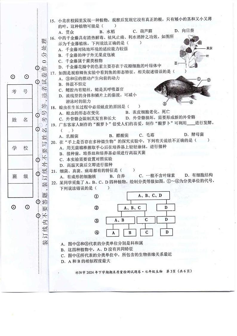 湖南省永州市祁阳市2024-2025学年七年级上学期期末质量检测生物试卷第3页