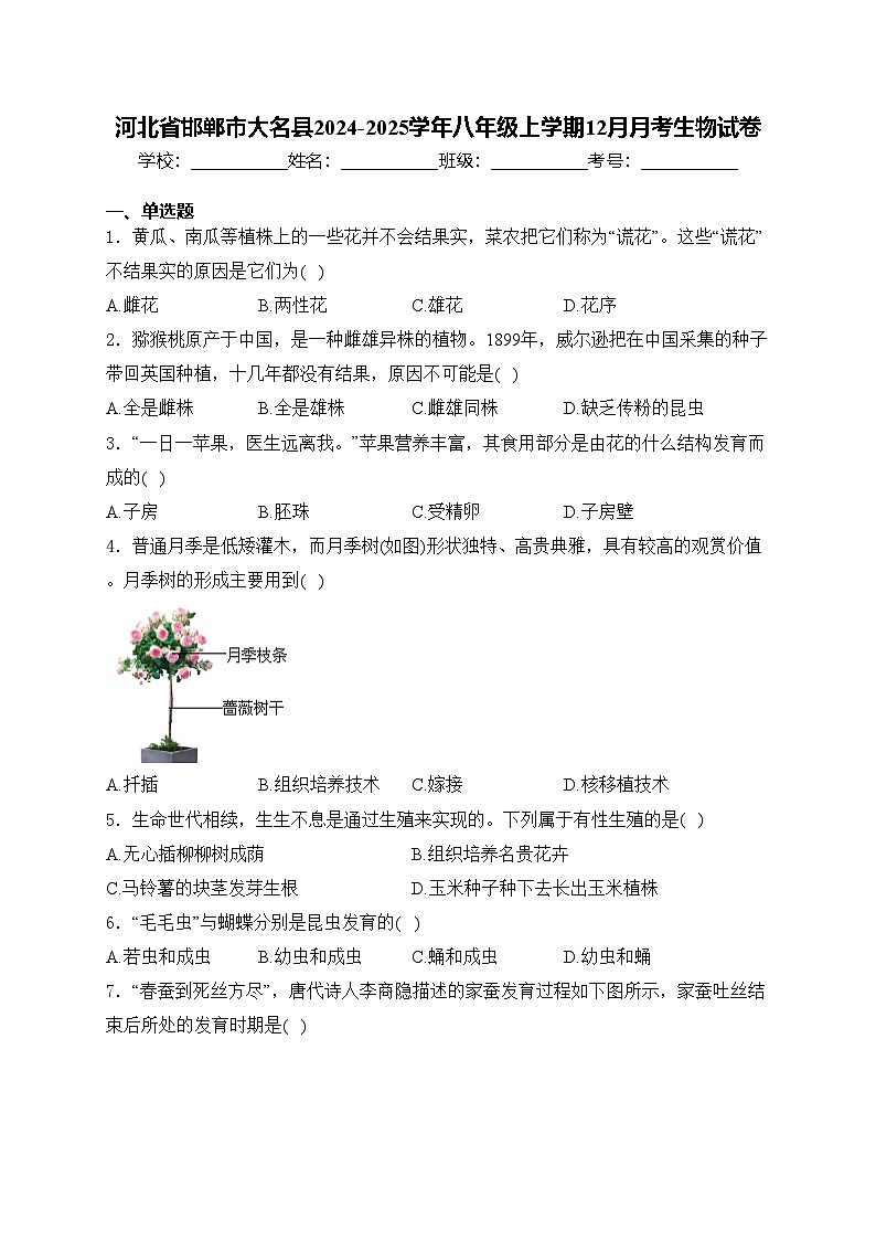 河北省邯郸市大名县2024-2025学年八年级上学期12月月考生物试卷(含答案)第1页