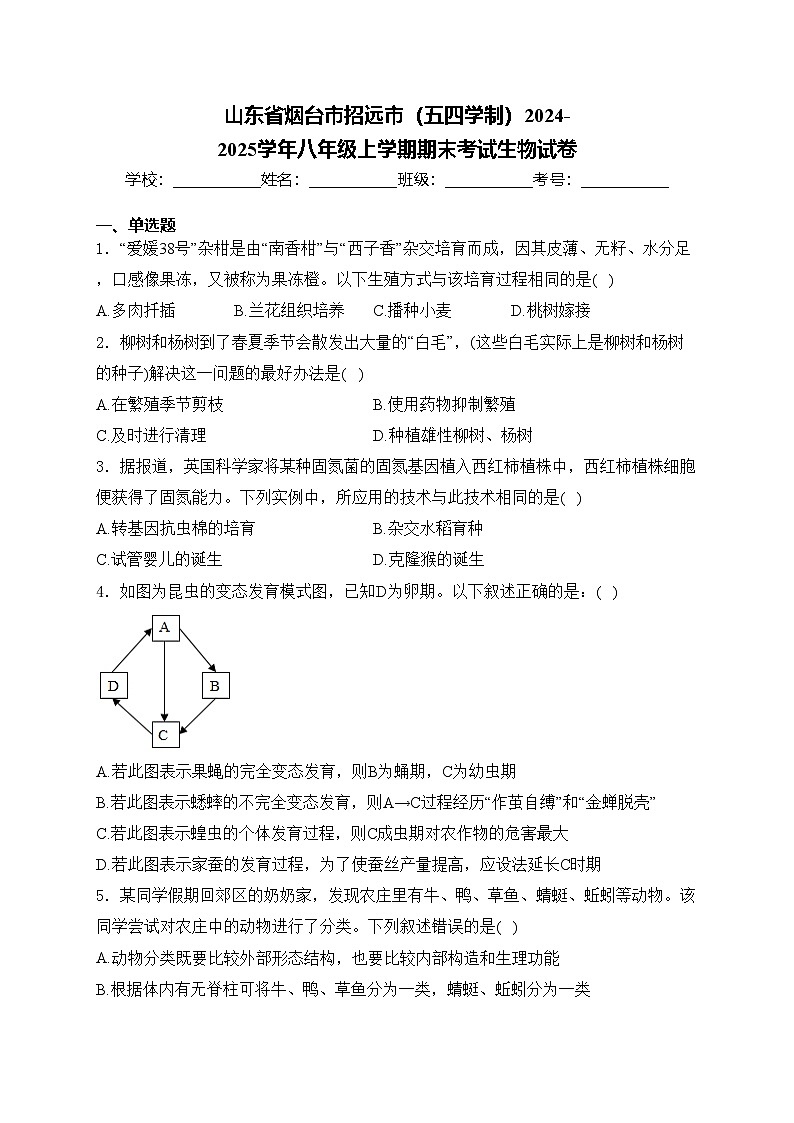 山东省烟台市招远市（五四学制）2024-2025学年八年级上学期期末考试生物试卷(含答案)第1页