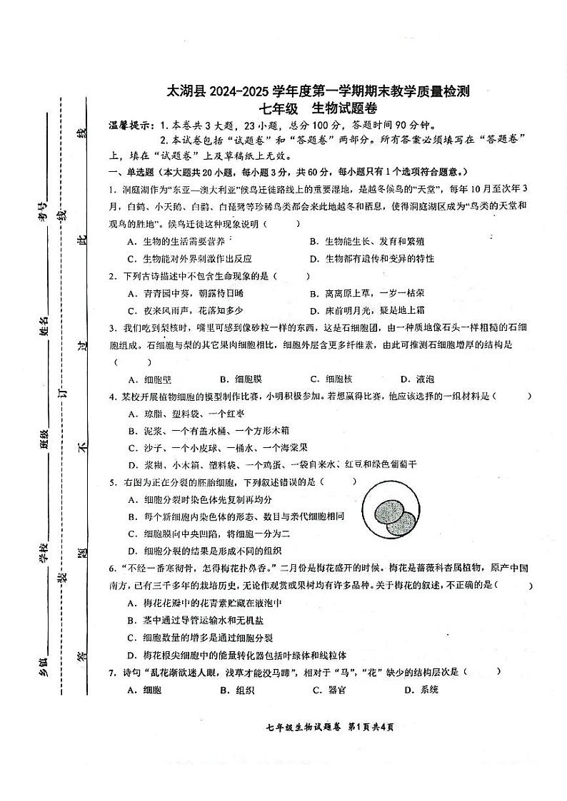 安徽省安庆市太湖县2024-2025学年七年级上学期期末教学质量监测生物试题第1页