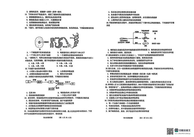 山东省威海市文登区2024-2025学年八年级上学期期末考试生物试卷第2页