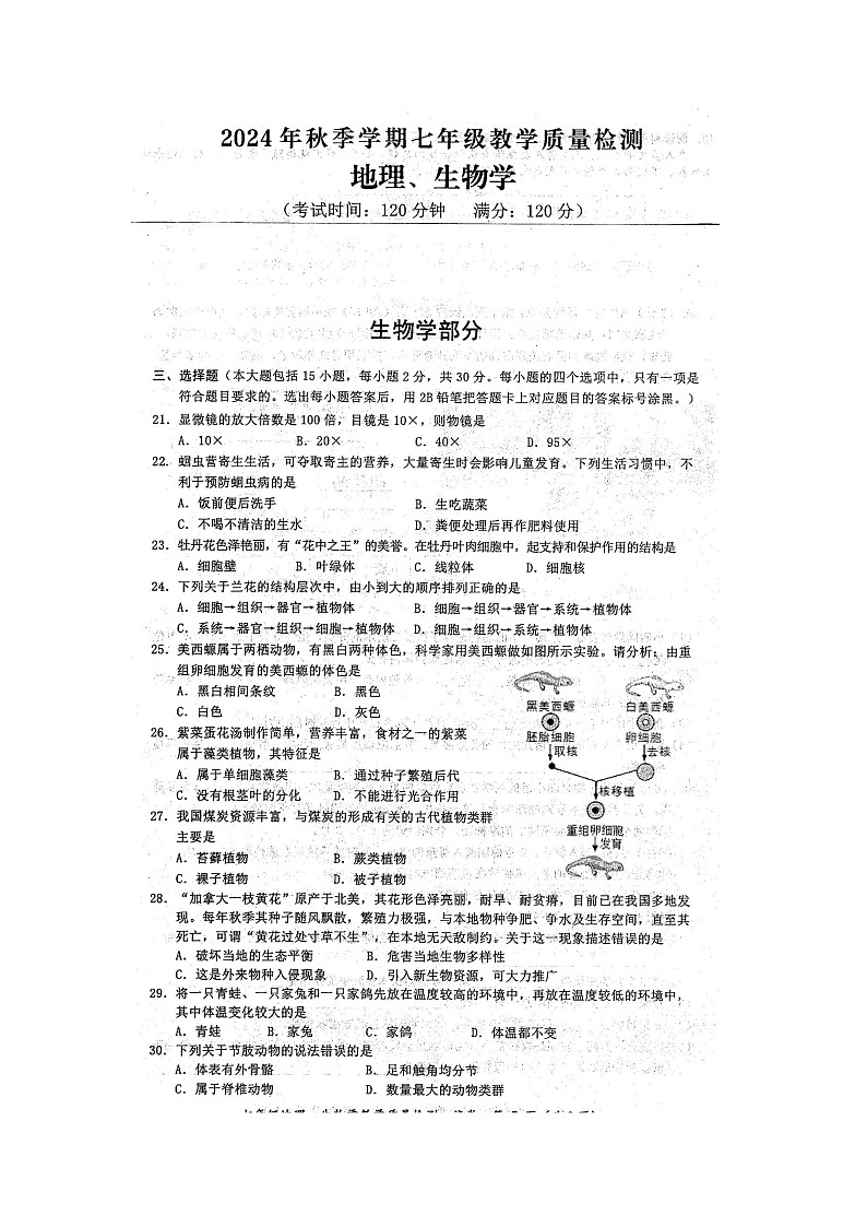 2024年秋广西防城港市七年级生物期末教学质量检测题（扫描版含答案）第1页